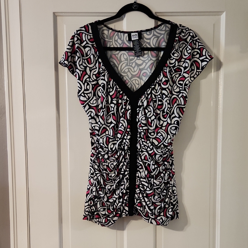 INC International Concepts Black and White Ruched Blouse